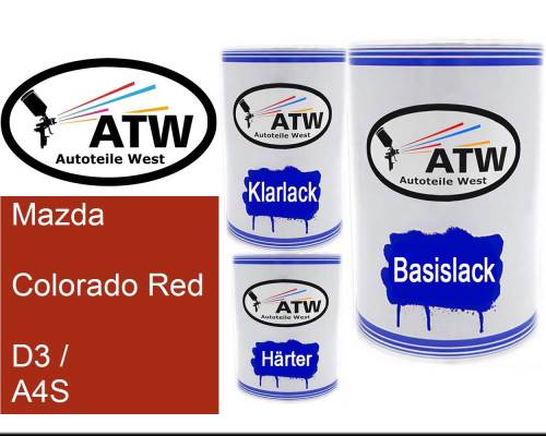 Mazda, Colorado Red, D3 / A4S: 500ml Lackdose + 500ml Klarlack + 250ml Härter - Set, von ATW Autoteile West.